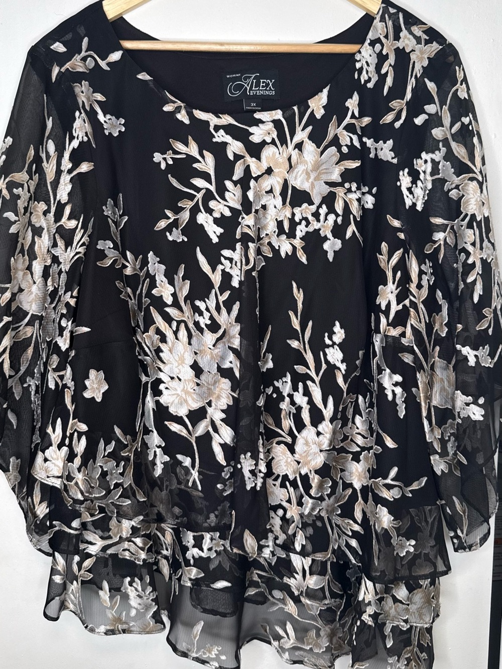 Alex Evenings Black Sheer Blouse with Cream Floral Embroidery